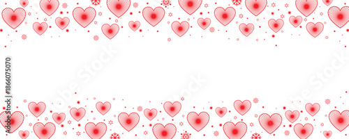 Vibrant double-row seamless border featuring clusters of red and pink hearts interspersed with sparkling white snowflakes and stars on a transparent background. Ideal for Valentine's Day greetings.