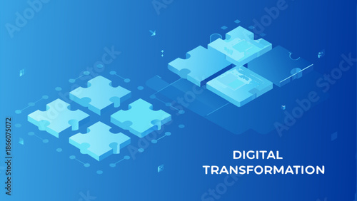 Isometric digital transformation concept with connected puzzle pieces on a blue gradient