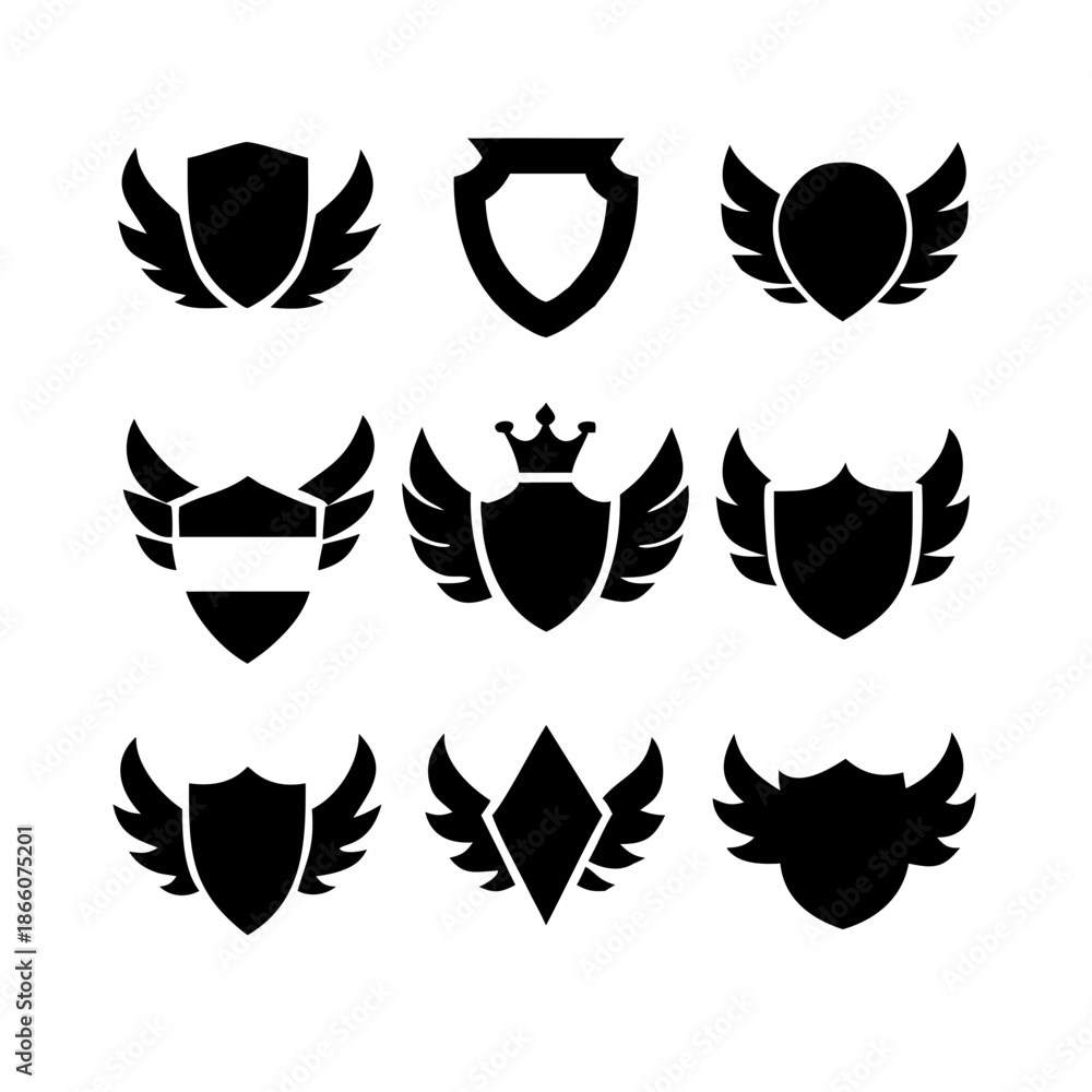 Obraz premium elegant laurel wreaths, shields, wings, and ribbon vector set. black-and-white vector pack of wreaths, shields, banners, and wings