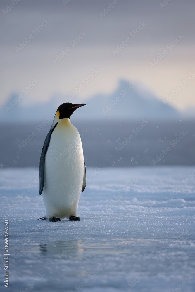 Fototapeta premium Close-up portrait of an emperor penguin against icy horizon