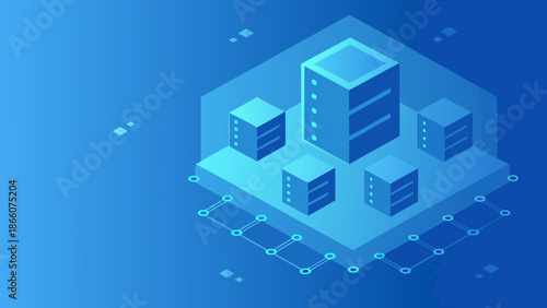 Flat vector illustration of server infrastructure with blue servers and circuit connections