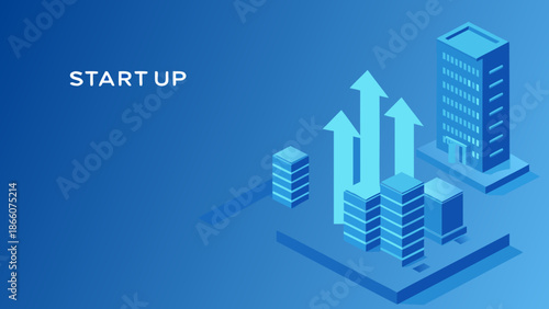 Flat vector illustration showing growth and success of startup business with arrows pointing up