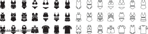 Big Set of Swimwear and Beachwear Icons. Modern Summer Clothes Vector Collection with Solid and Outline Styles. isolated PNG with Transparent Background