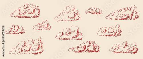 Whimsical clouds hand drawn set. Vintage doodle sketch sky. Retro ink red pencil cloudskape. Vector rough scribble weather illustration isolated on beige background.