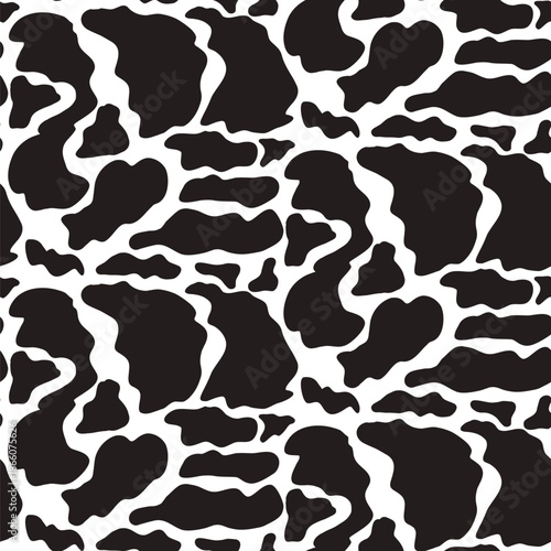 Large, irregular cow blobs form seamless animal pattern. Monochrome holstein spots appear as organic, freeform stains on white background, creating a bold and graphic texture. Vector cow illustration.