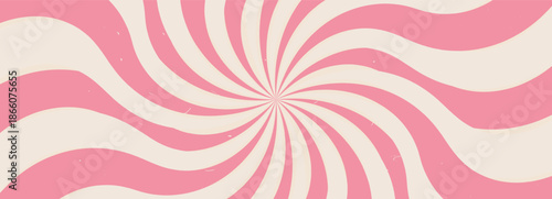 Groovy twisted pink starburst background. Retro spiral sun rays abstract illustration. Vector wavy dynamic lines decoration. Radial carnival stripes vintage backdrop. Sunburst 70s pop art design.