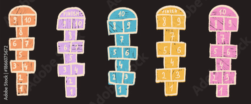 Hopscotch games chalk pastel drawn set isolated on dark road background. Children playground outdoor entertainment on street asphalt. Vector colorful wax crayon handwritten illustration.