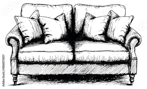Hand drawn line art illustration of a two-seater sofa depicting classic upholstered furniture with decorative cushions for home interior design