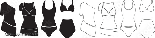 Collection of Women's Swimwear Vector Icons and Outlines for Fashion Design isolated PNG with Transparent Background