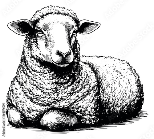 Hand drawn line art illustration of a sheep depicting it resting calmly for farm and animal related projects
