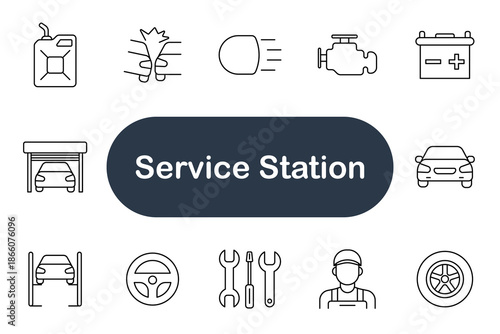 Service station set icon. Mechanic, car, engine, wrench, oil, tire, battery, garage, steering wheel, repair, auto maintenance workshop.