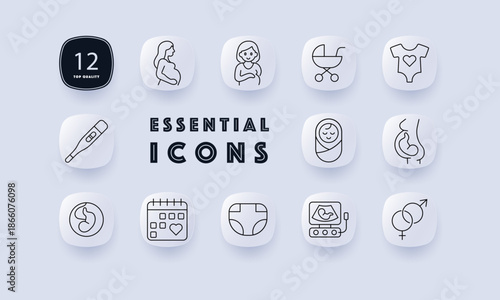 Pregnancy and baby set icon. Pregnant woman, baby, thermometer, diaper, calendar, onesie, stroller, pacifier, ultrasound, gender, fetus, swaddle, heart symbol, motherhood.
