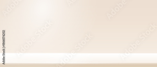 Studio background with beige wall and shelf. Empty room gradient with white light. Product presentation scene blank backdrop. Clean ivory platform. Kitchen table with gradation. Vector illustration.