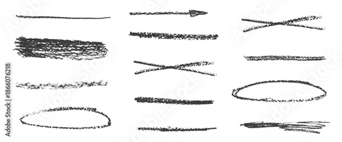 Doodle pencil underlines. Crayon line brush stroke set. Graphite pencil texture strikethrough, arrow, oval frame. Black chalk highlight forms for school text marks. Vector freehand scribble dividers.