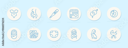 Maternity set icon. Circular outlined icons of onesie, embryo, pregnancy test, calendar, gender symbols, swaddle, ultrasound, diaper, pregnant woman, mother, and baby stroller