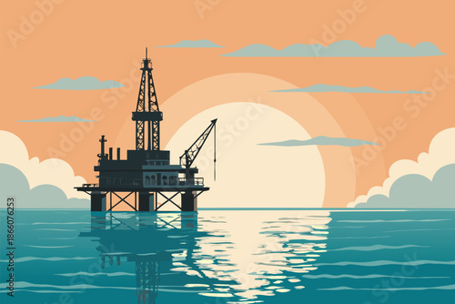 Oil Rig Sunrise Horizon Calm Sea Backgroun