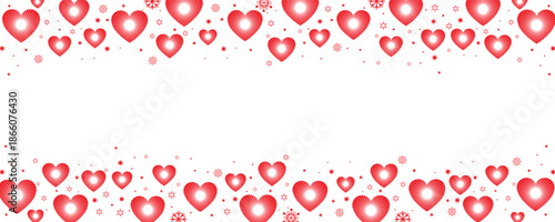 Vibrant double-row seamless border featuring clusters of red and pink hearts interspersed with sparkling white snowflakes and stars on a transparent background. Ideal for Valentine's Day greetings.