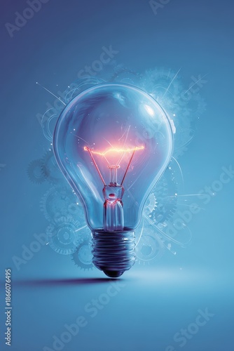 Concept illustration of a glowing blue bulb with red accents and abstract circuitry for innovation