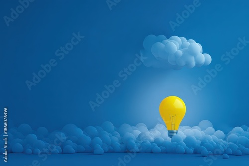 Conceptual digital art: yellow bulb hovering over blue bulbs with a cloud, modern, calm blue tones