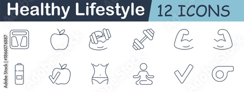 Healthy lifestyle set icon. Scale, fruit, arm, dumbbell, strength, bottle, tick, waist, yoga, checkmark, whistle.