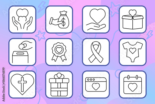 Charity set icon. Donation, volunteer, heart, hands, money bag, helping hand, gift box, ballot, ribbon, badge, cross, baby onesie, website, calendar, present, love, community, kindness, religion,
