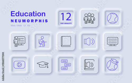 Education set icon. Board, student, desk, cap, screen, speaker, chat, textbook, teamwork, lesson, player learning elements with communication, course, teaching, discussion, knowledge