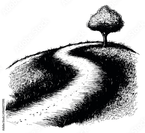 Hand drawn line art illustration of a winding path leading to a single tree on a hilltop depicting a journey for graphic design