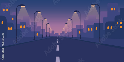 Night city street illustration. Wide empty road with tall streetlights. Warm light pools on asphalt. Distant building silhouettes fading back. Calm urban night atmosphere.