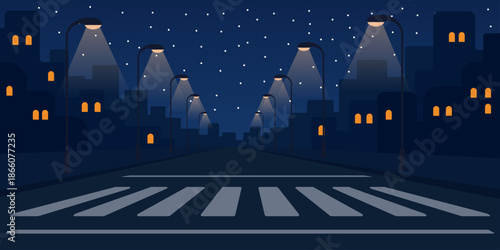 Night crosswalk illustration. Wide pedestrian crossing at street level. Streetlights casting long shadows. Minimal buildings in distance. Calm pastel urban night scene.