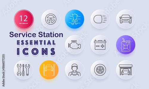 Service station set icon. Steering wheel, crash impact, car, engine, battery, fuel canister, mechanic, car lift, tire, spanners, headlights, garage
