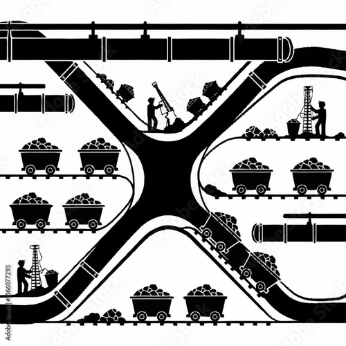 Coal mining operation with workers and carts in a complex underground system.