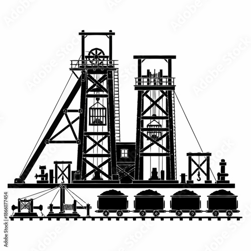 Coal Mine Silhouette with Mining Carts and Industrial Structures.