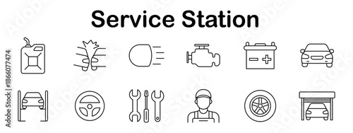 Service station set icon. Fuel can, windshield spray, headlight, engine, battery, car, lift, steering wheel, tools, mechanic, tire, garage illustrated in vehicle repair style.