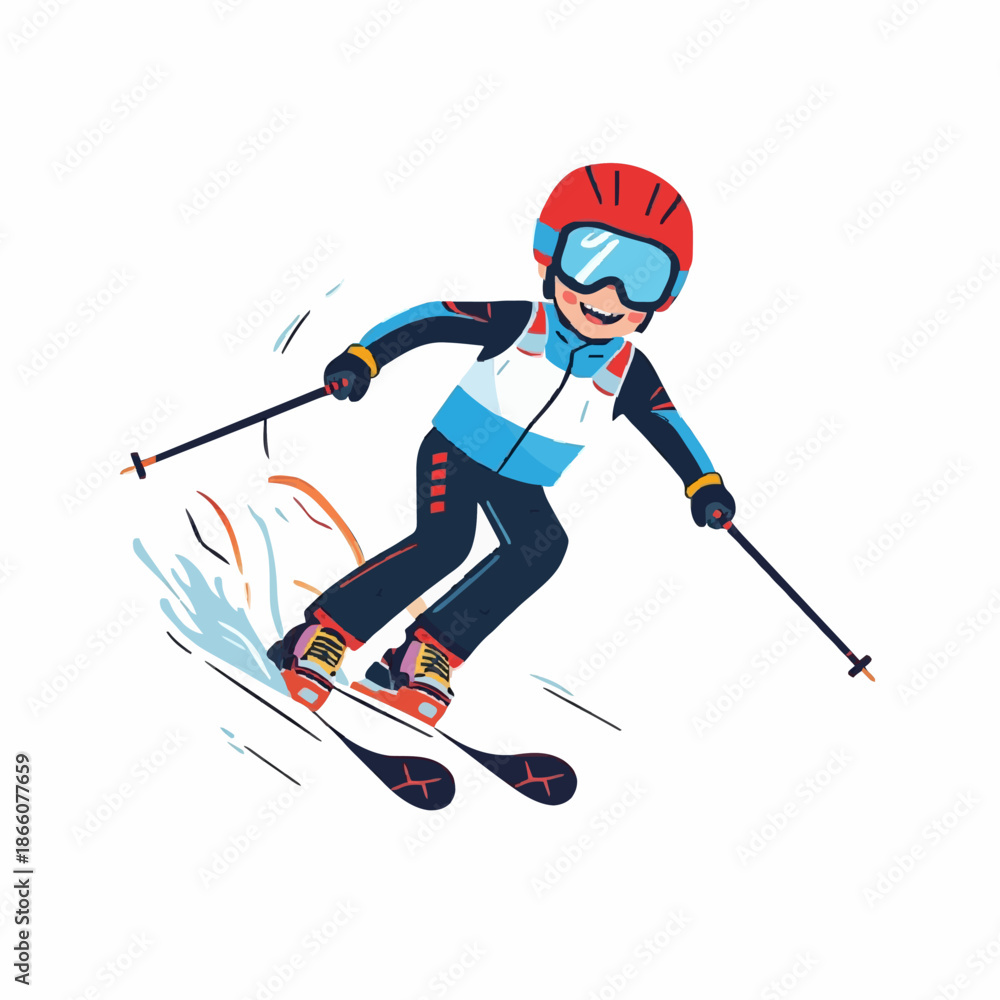 Obraz premium Vibrant Illustration of a Skier Descending a Snowy Slope, Capturing the Thrill and Joy of Winter Sports Activity