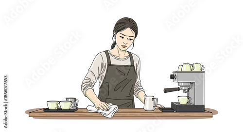 Barista preparing coffee at counter in flat illustration style