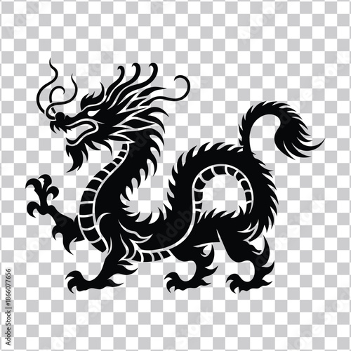 Black silhouette of a mythical dragon with spread wings, an iconic representation