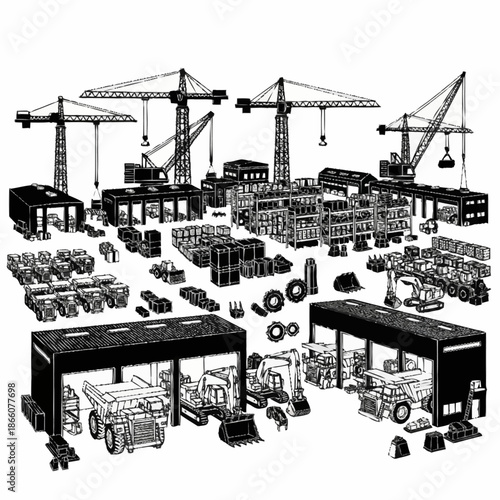 Detailed illustration of a bustling construction site with various machinery and buildings.