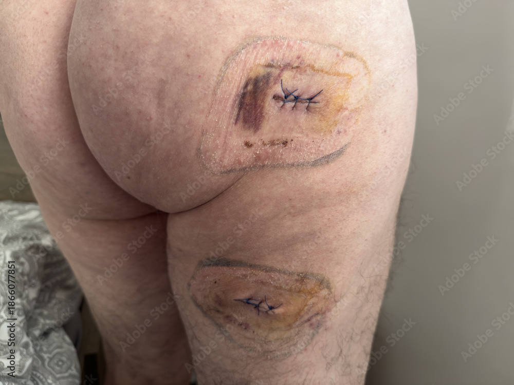Fototapeta premium Surgical wound with stitches after medical operation, close up. leg