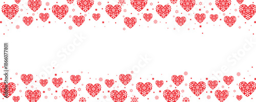 Vibrant double-row seamless border featuring clusters of red and pink hearts interspersed with sparkling white snowflakes and stars on a transparent background. Ideal for Valentine's Day greetings.