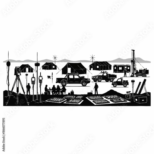 Geological Survey Camp with Tents, Vehicles, and Drilling Equipment.