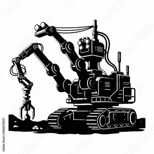 Heavy duty industrial robotic arm with tracks and multiple manipulators.