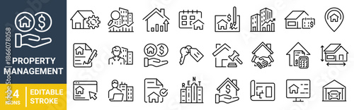 Property Management web line Icons – Real Estate, Rental, Lease Agreement, Maintenance, Investment, and Housing Services