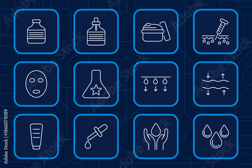 Cosmetic dermatology set icon. Injection, serum, cream, mask, formula, hydration, elasticity, beauty treatment, skin layers, moisture care.