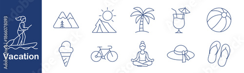 Vacation set icon. Surf, mountains, sun, tent, palm, cocktail, ball, ice cream, bike, yoga, hat, flip flops. Travel, beach, relax, sport, summer, nature, tropical, outdoor, holiday, leisure.
