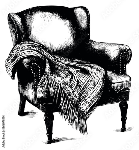 Hand drawn illustration of an armchair with a blanket depicting coziness for home interiors