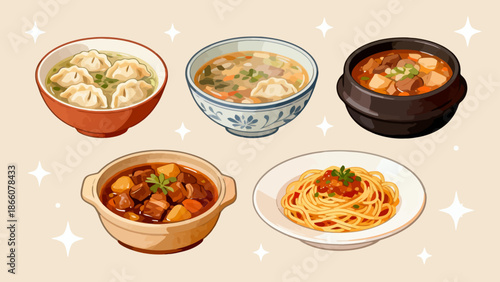 Five bowls of assorted noodle and soup dishes