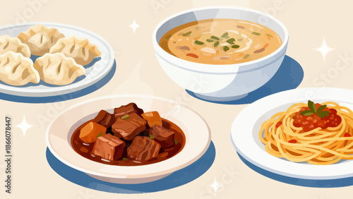 Four Dishes of Food on Table