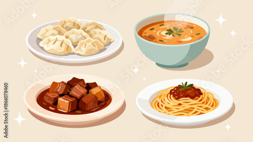 Four dishes of food including dumplings soup meat and pasta