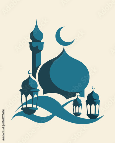 an artistic rendering showcases a mosque with a crescent moon detailed minarets and traditional islamic lanterns in a stylized design