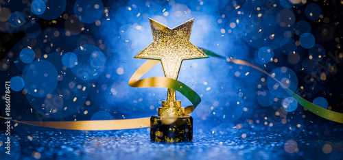 Winners Cup. Achievements. First place in a computer game. Winner certificate. Gold star on a blue background as a reward. Top Performance Award. Victory. Goal achievement concept. 3D render.